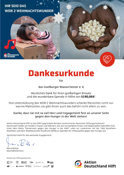 Dankesurkunde des WDR 2 Weihnachtswunders für das Isselburger Blasorchester